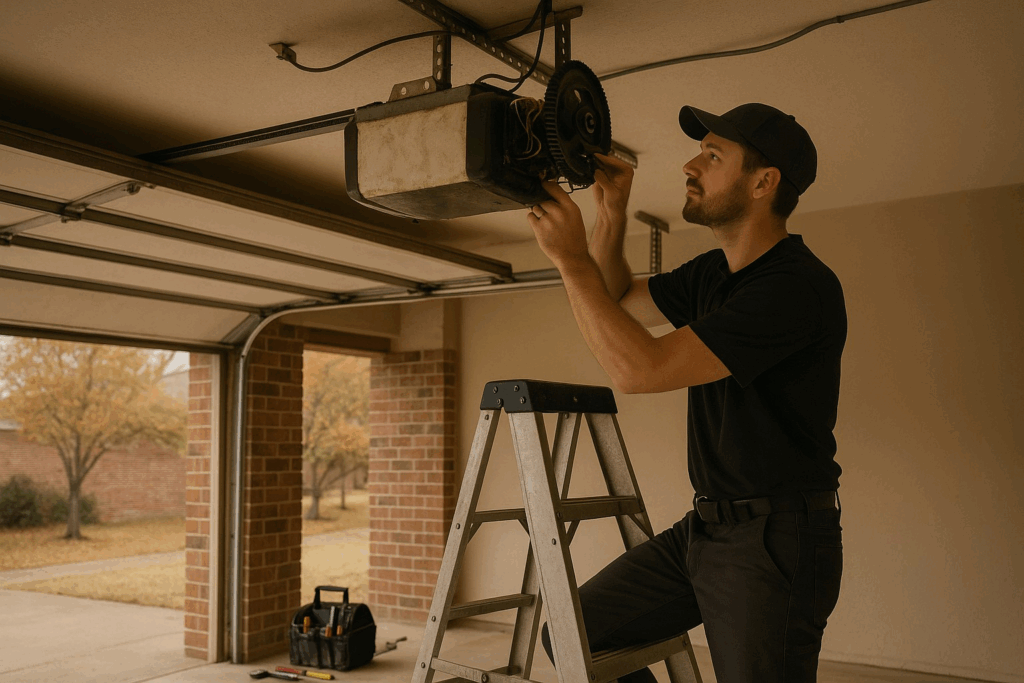 Technician on ladder performing maintenance on garage door opener motor with tools nearby, ensuring smooth and reliable door operation.