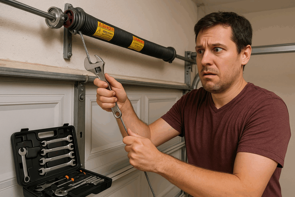 Concerned man attempting risky DIY garage door spring repair with wrench and cable tension, showing the dangers of high-tension components.