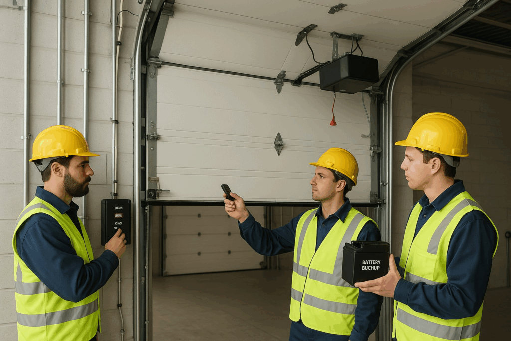 How Timely Commercial Garage Door Repair Minimizes Disruption In Houston, Tx 5 Technicians testing opener and backup system during commercial garage door repair.