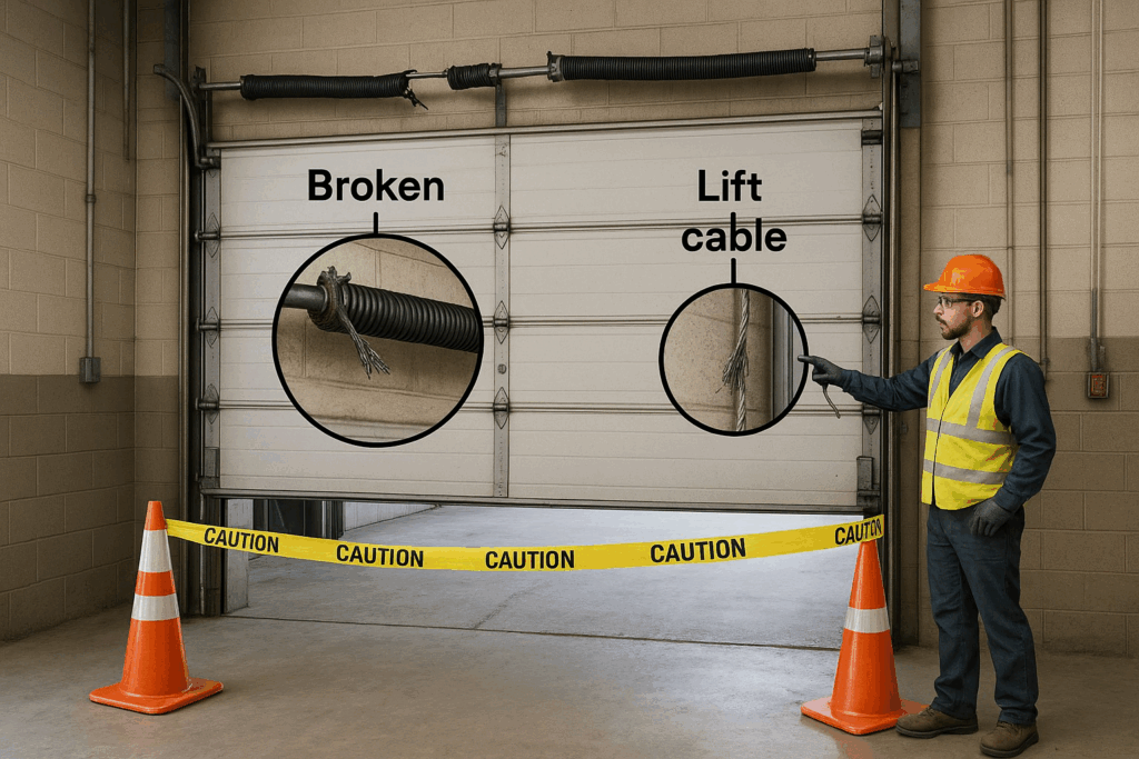 How Timely Commercial Garage Door Repair Minimizes Disruption In Houston, Tx 4 Worker pointing at broken spring and damaged lift cable marked for commercial garage door repair.