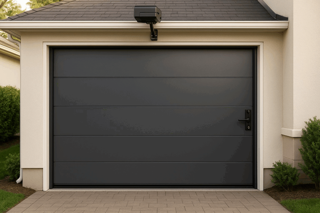 Steel gray modern garage doors on residential home exterior.